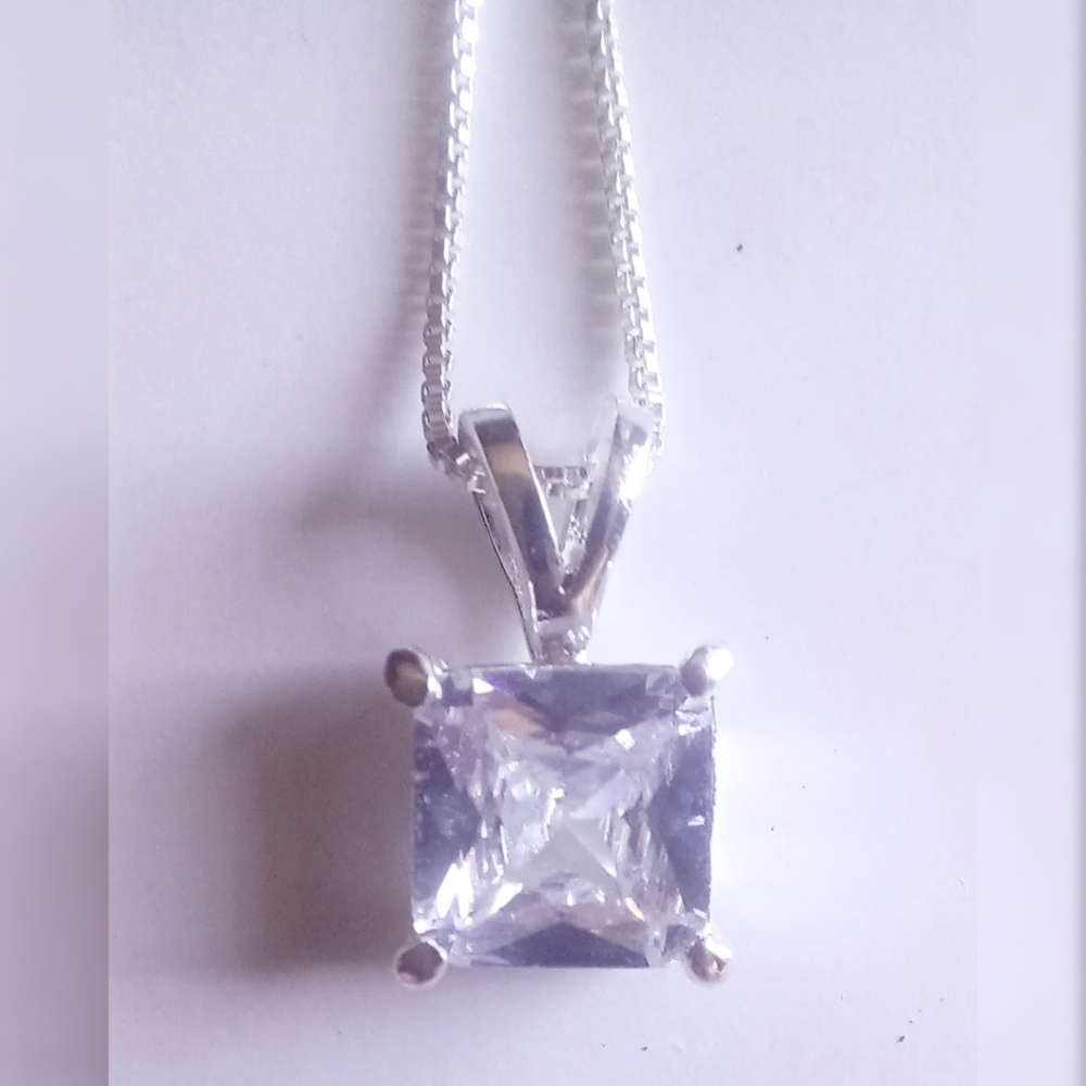Sterling Silver 925 Italy CZ Square Solitaire Pendant Necklace